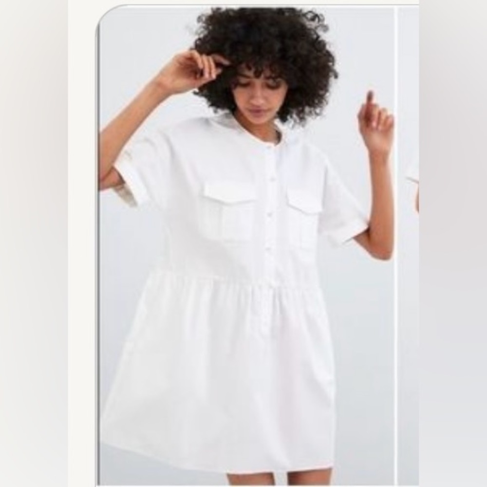 Zara Size L Short Sleeve Mini Button Shirt Dress 100% Cotton
